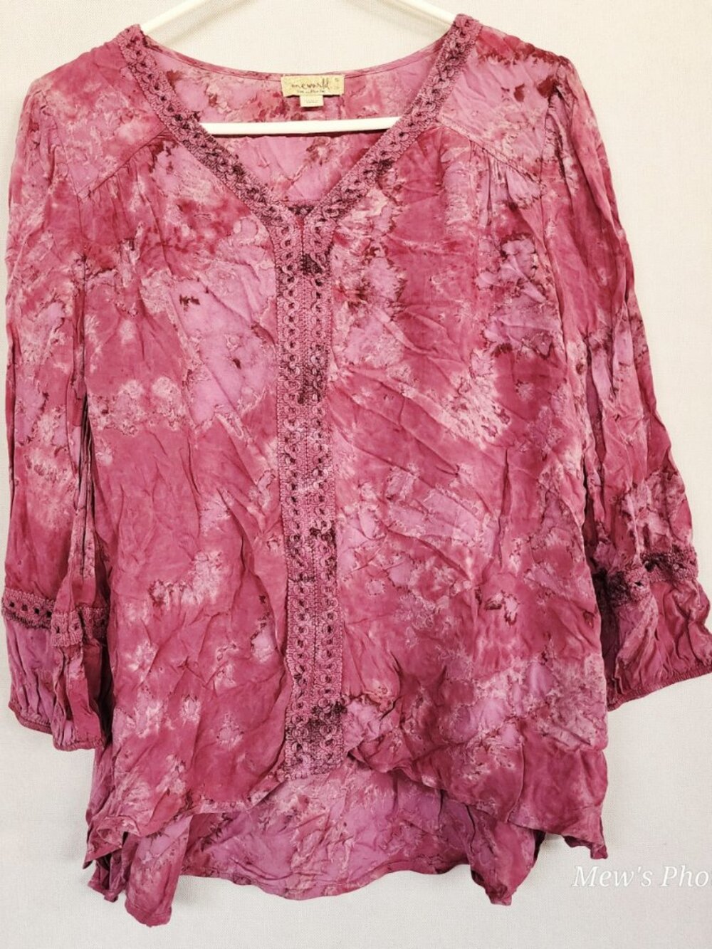 NWOT - One World Purple Tie-Dye Blouse Features Intricate Crochet, Size S
